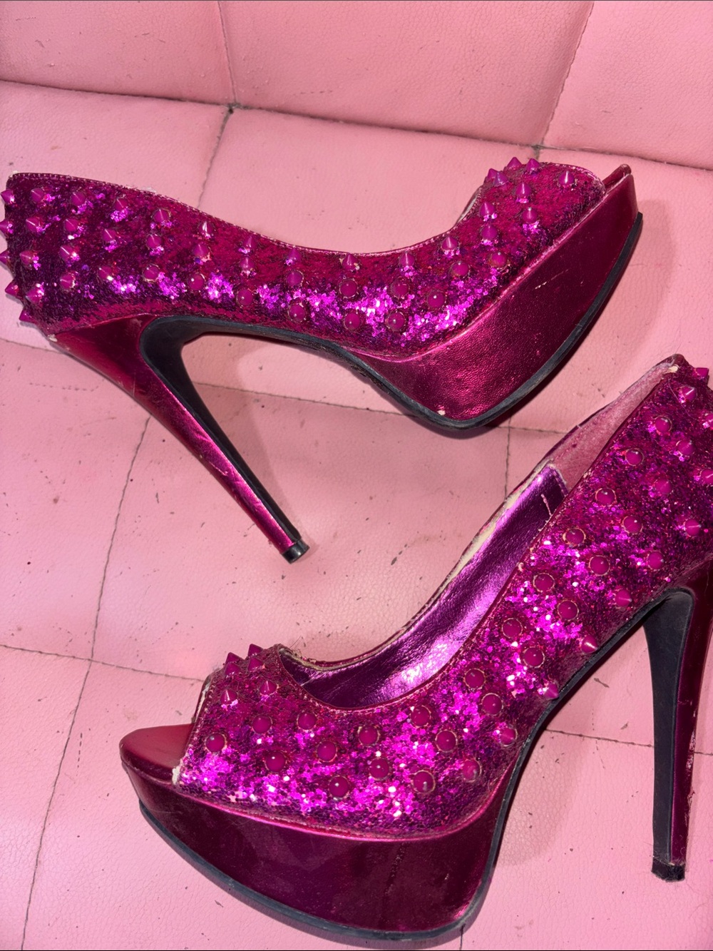 Anne Michelle Metallic Hot Pink Studded Peep-Toe Heels